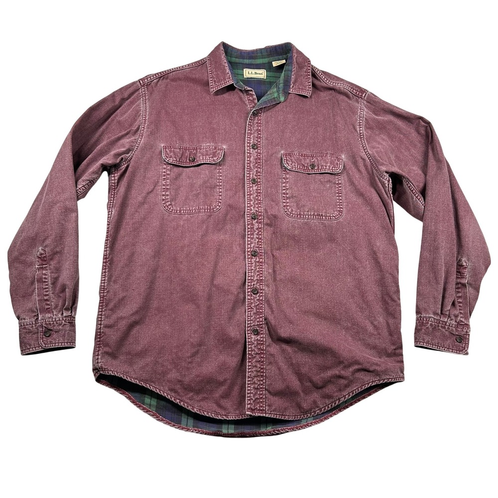Vintage LL Bean Shirt Mens L Tall Burgundy Denim Plaid Lined Cotton 90s Canada